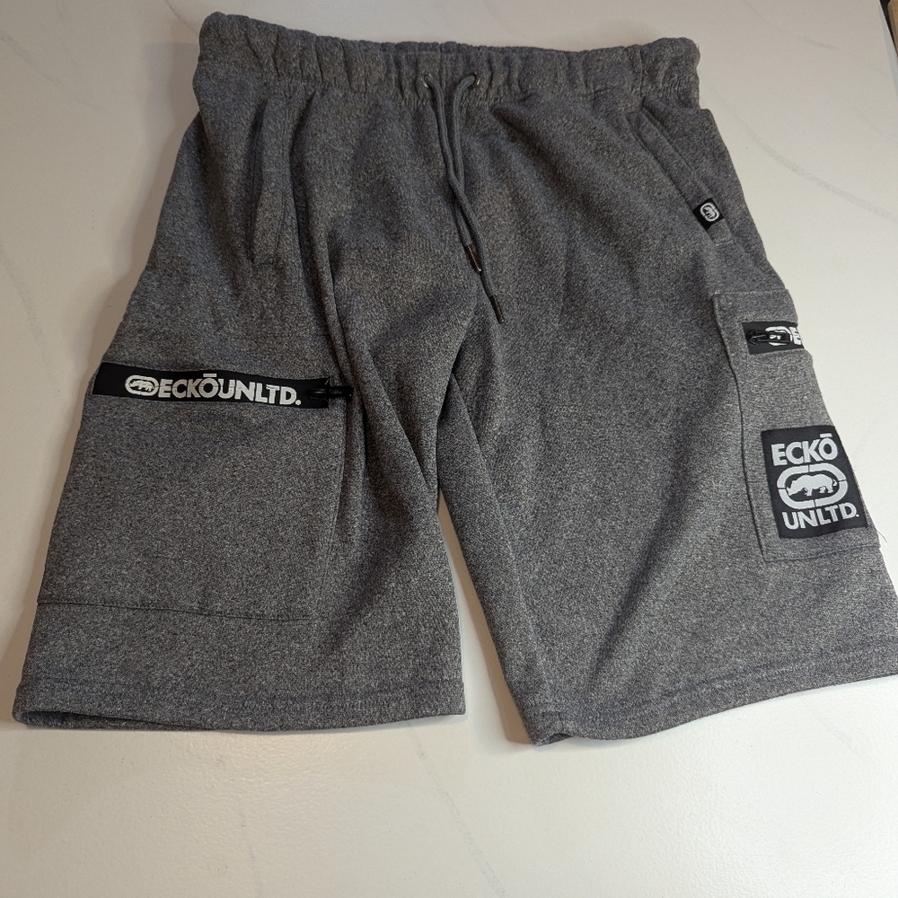 Echo Unltd Men's Shorts Zip Pockets Drawstring Sz Med Gray/Black Logo Y2K